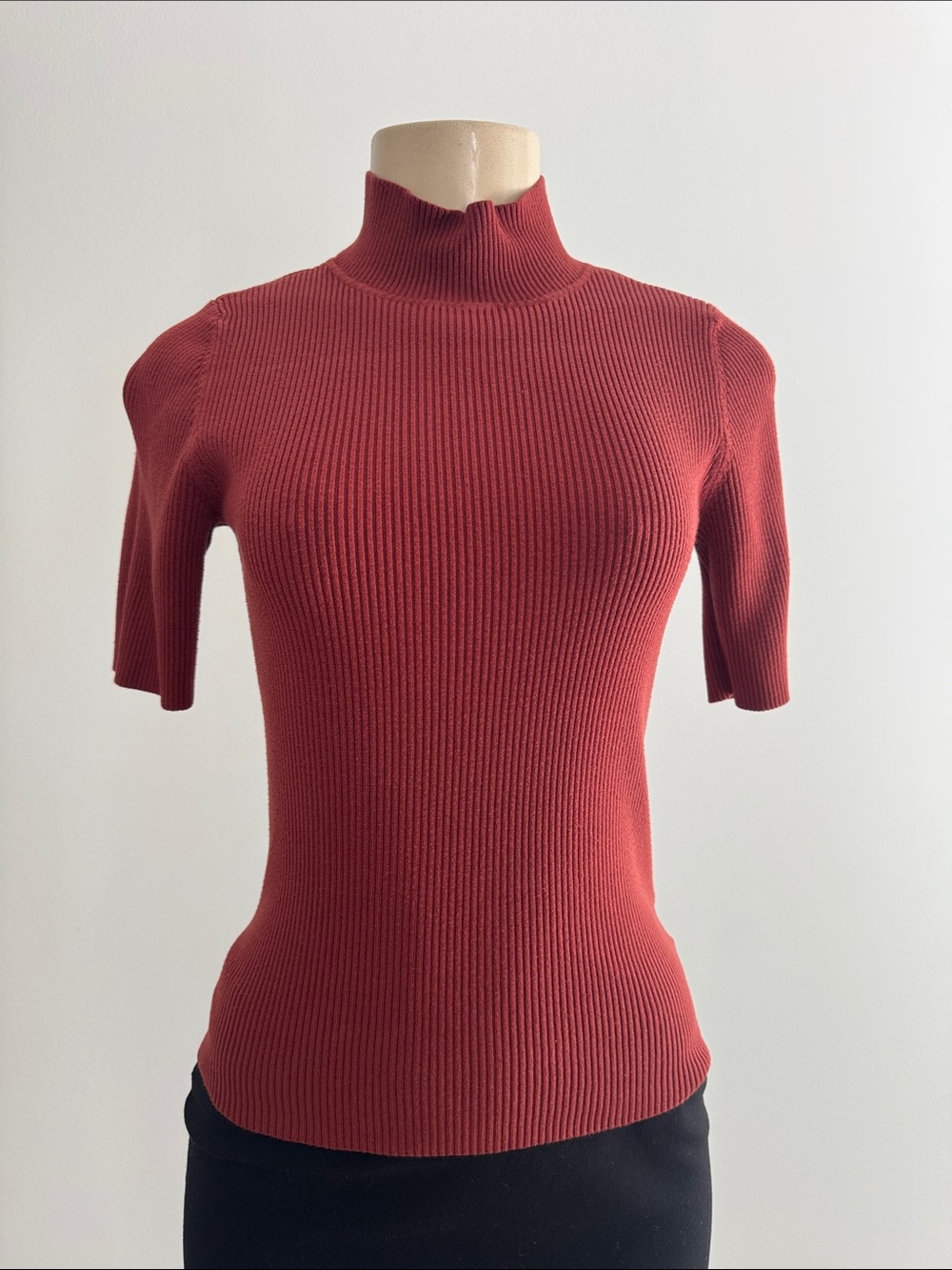 Ellen Tracy Rust Red Ribbed Short-Sleeve Mock Neck Top
